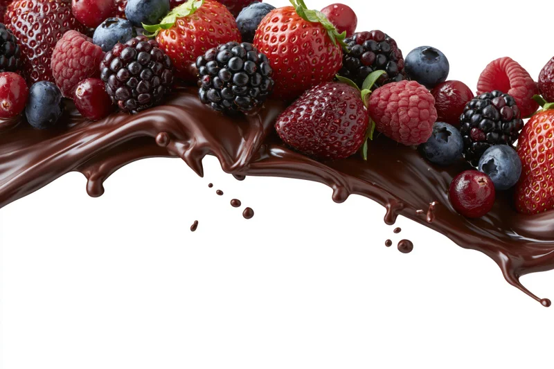 Mixed berries arranged on a flowing chocolate sauce against a white background