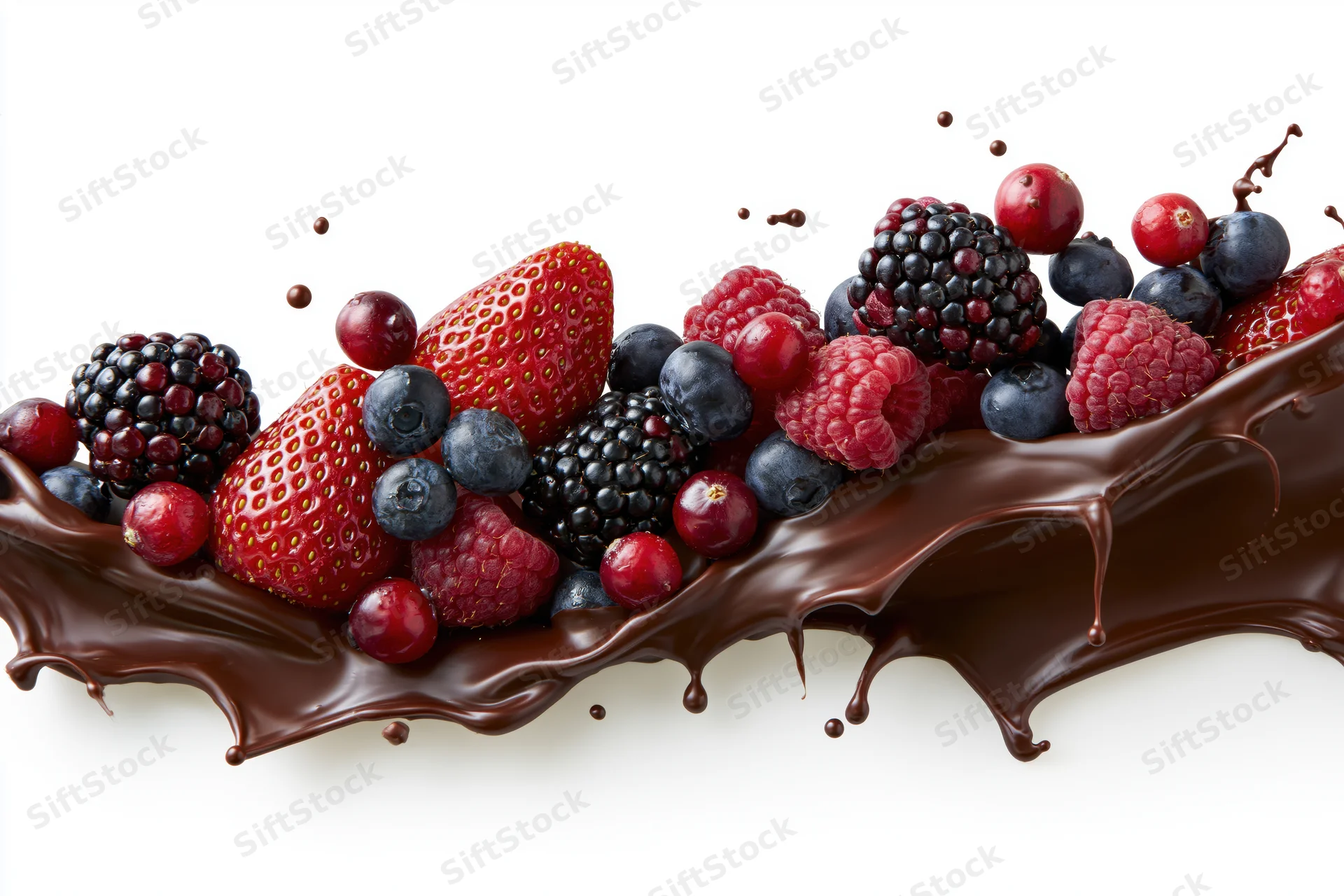 Mixed fresh berries resting on a flowing chocolate splash against white background