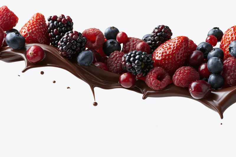 Mixed berries arranged on a flowing chocolate wave against a white background