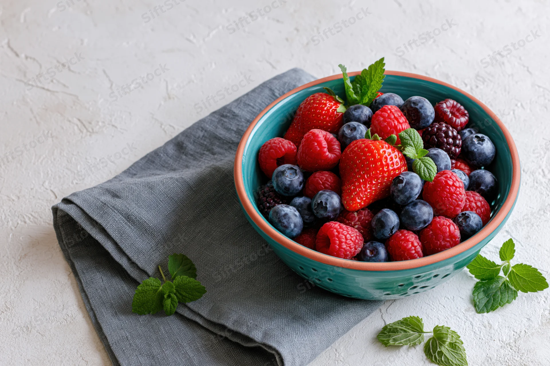 Mixed fresh berries in a ceramic bowl on a gray napkin with mint leaves on a white textured surface