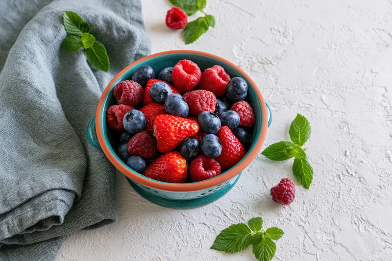 Mixed fresh berries in a ceramic bowl with mint leaves on a textured white surface beside a gray linen cloth