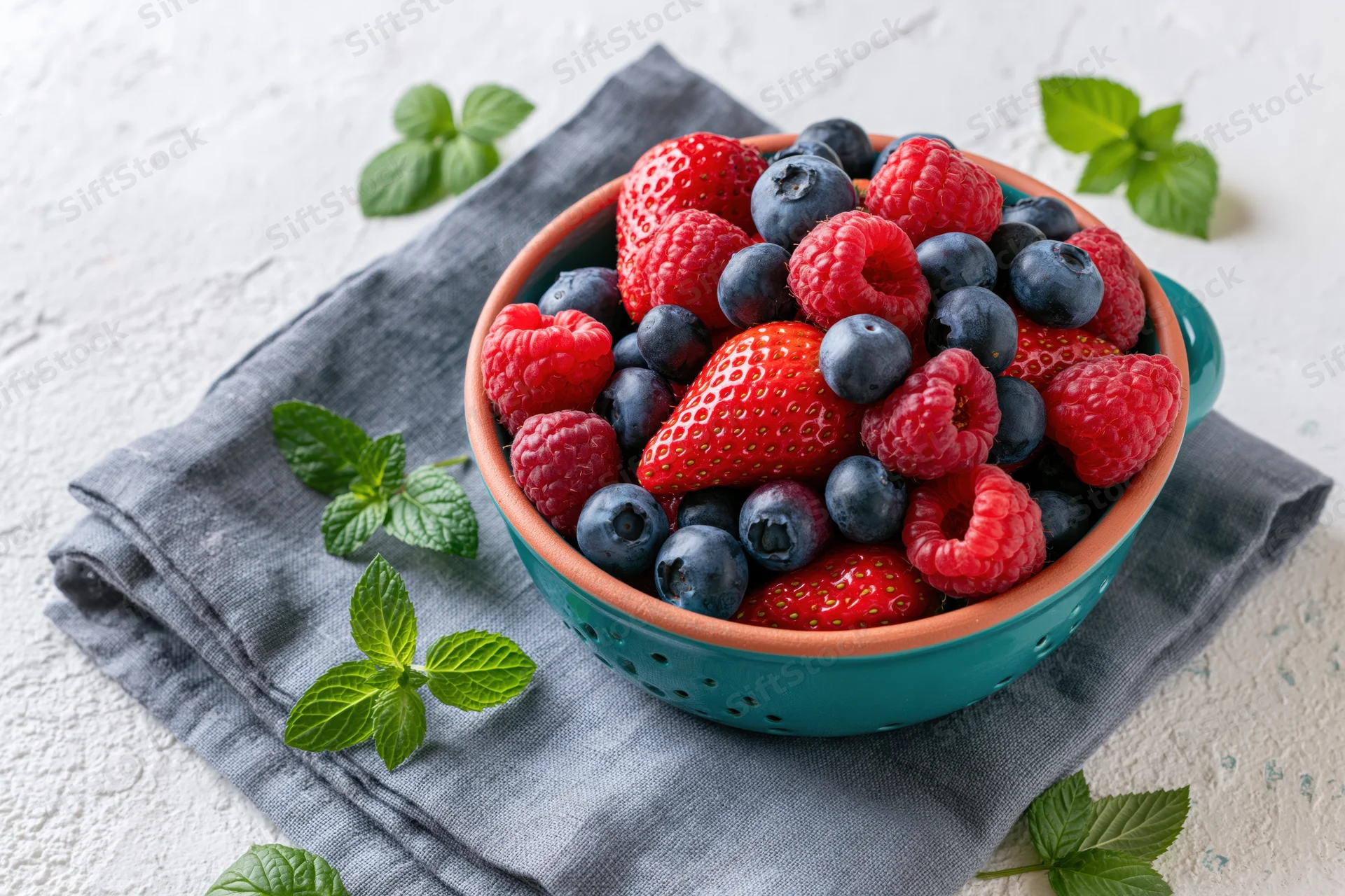 Mixed fresh berries in a teal colander on a gray cloth with mint leaves