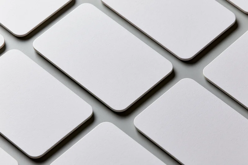 Blank white business cards with rounded corners arranged in a grid on a gray surface