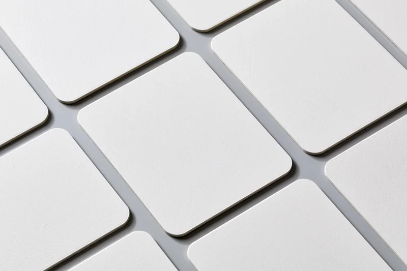 Blank white business cards with rounded corners arranged in a grid pattern on a flat surface
