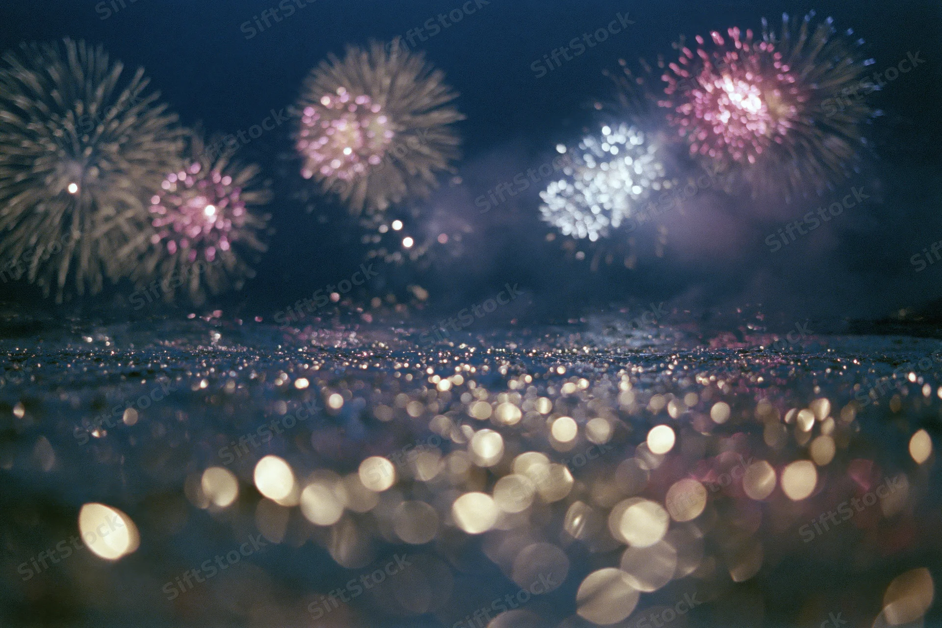 Fireworks bursting across dark night sky reflected in water below