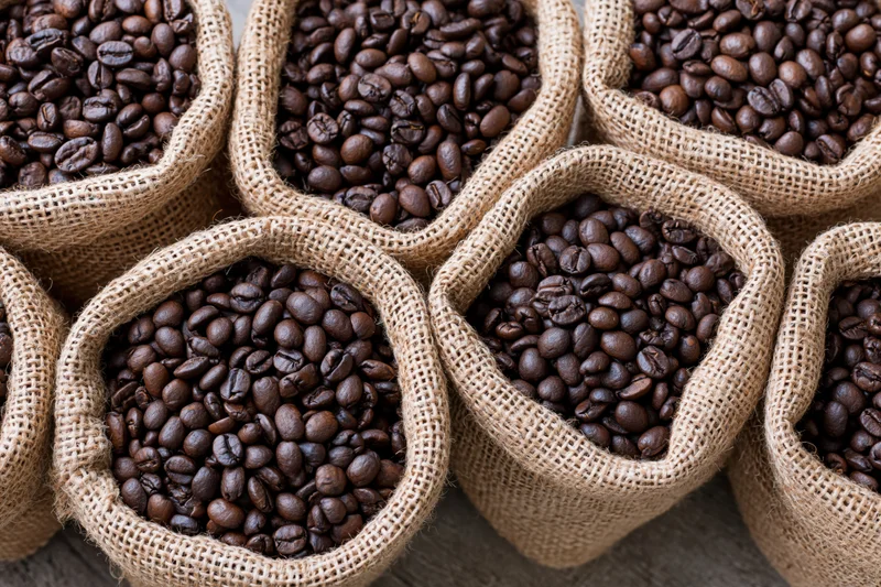 Roasted coffee beans filling small burlap sacks arranged in rows on a wooden surface