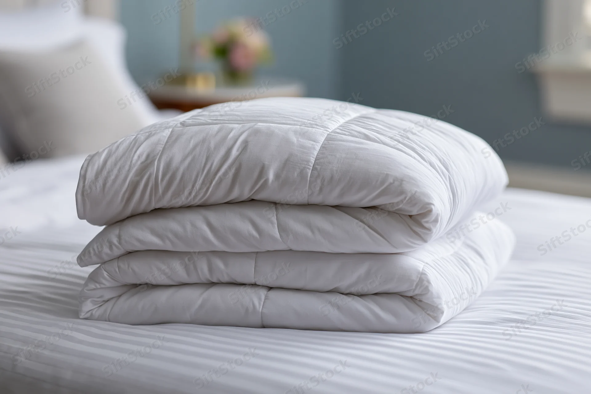 Three layers of white duvet folded and stacked on a bed in a bedroom