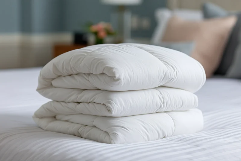Three neatly folded white duvets stacked on a bed in a bedroom
