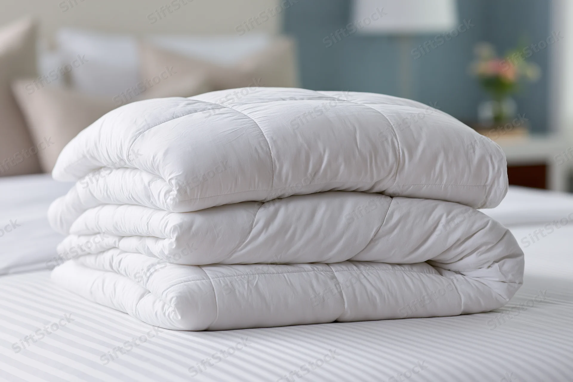 Three layers of white duvet folded and stacked on a bed in a bedroom