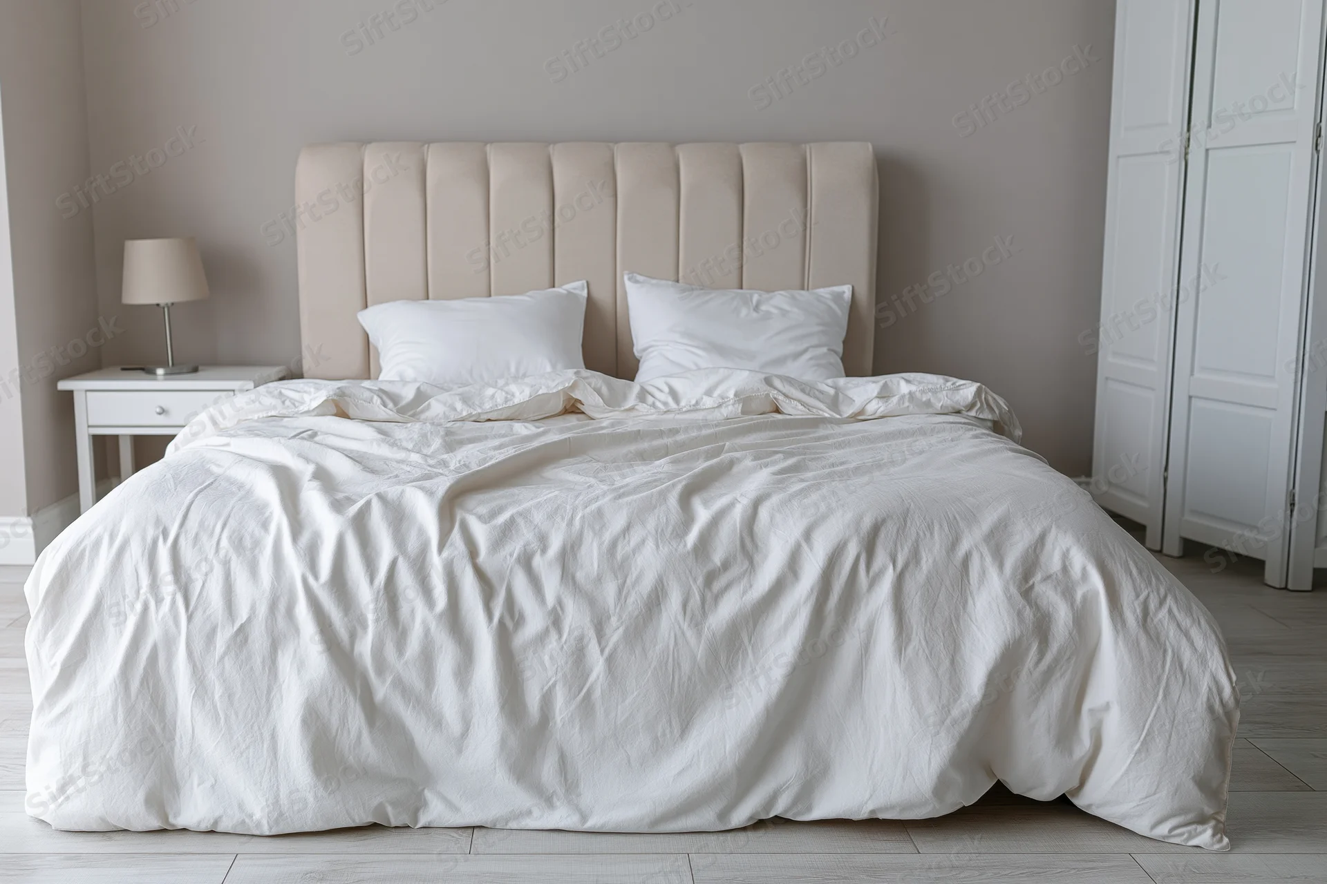 Unmade double bed with white bedding and beige tufted headboard in a neutral bedroom