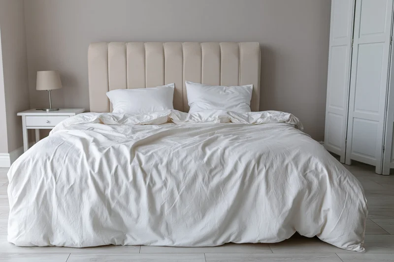 Unmade double bed with white bedding and beige tufted headboard in a neutral bedroom