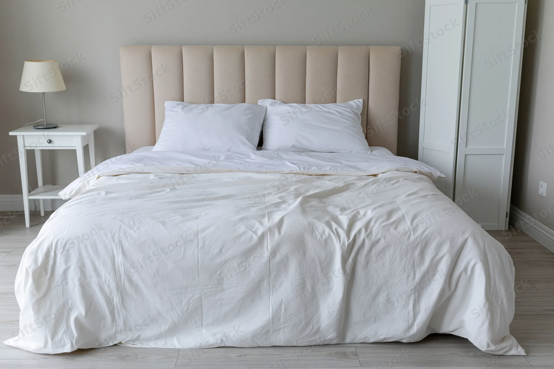 Double bed with white bedding and beige upholstered headboard in a minimalist bedroom