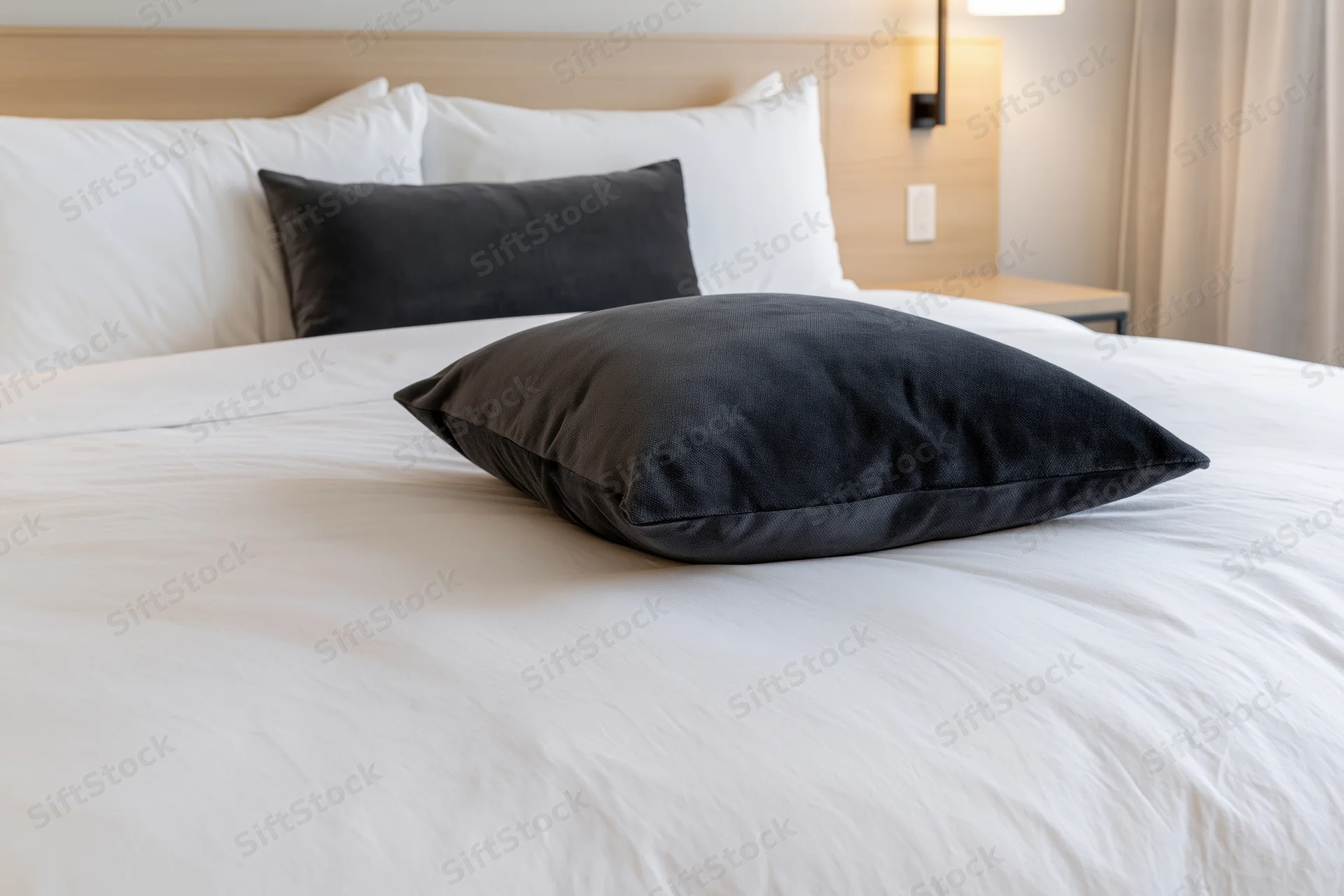 Neatly made hotel bed with white bedding and black pillows in a modern guestroom