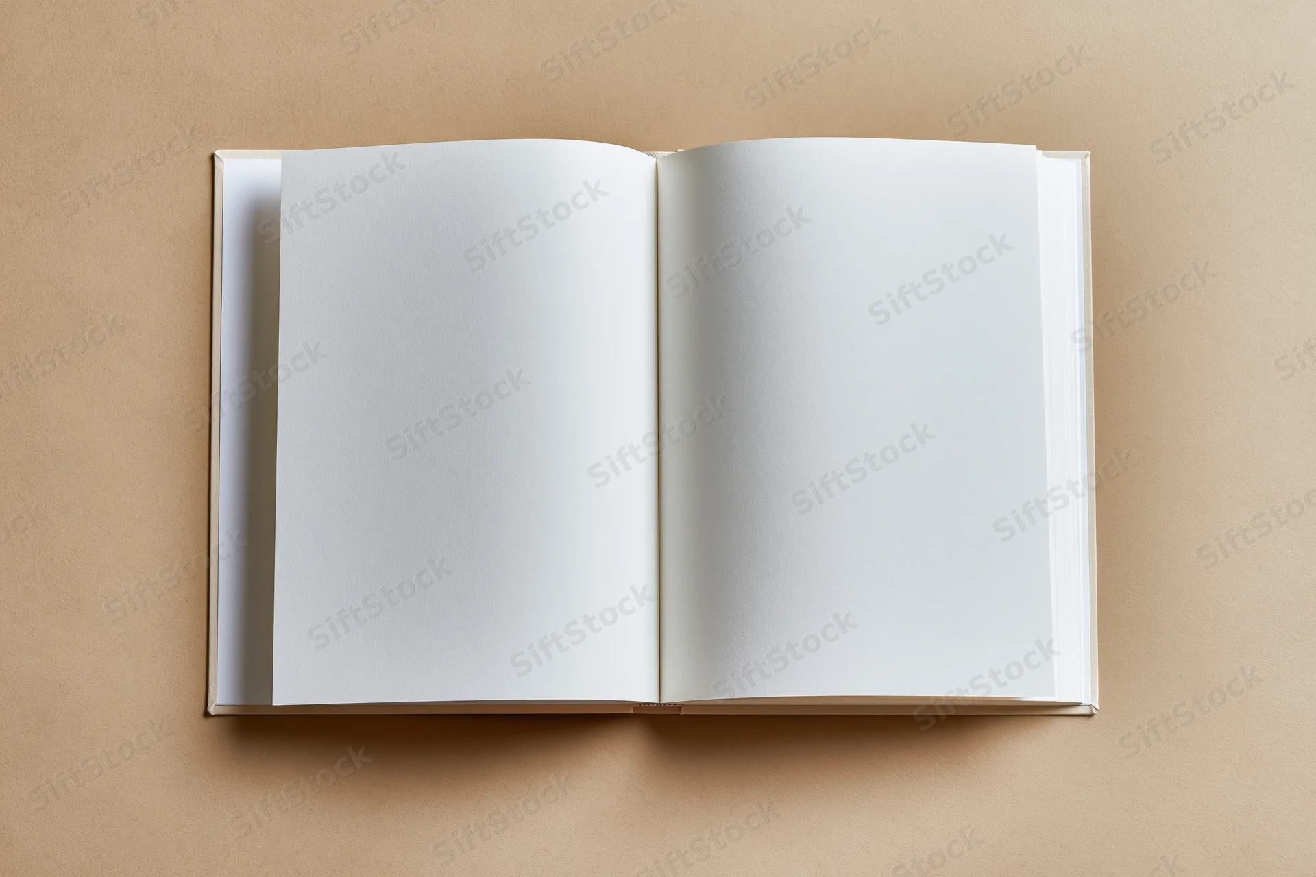 Open blank hardcover book lying flat on beige surface with empty white pages