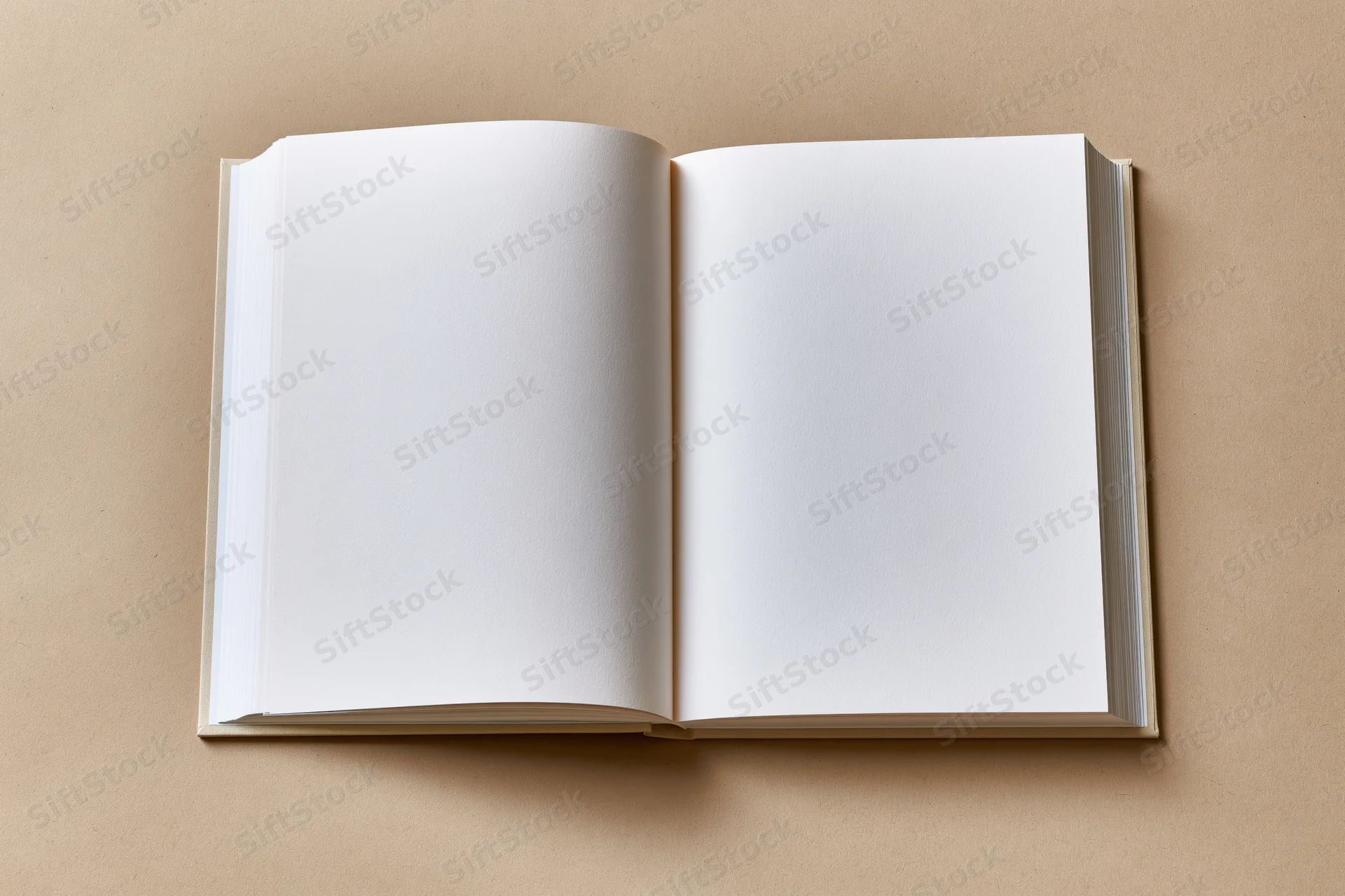 Open blank hardcover book lying flat on beige surface with empty pages for design or text placement