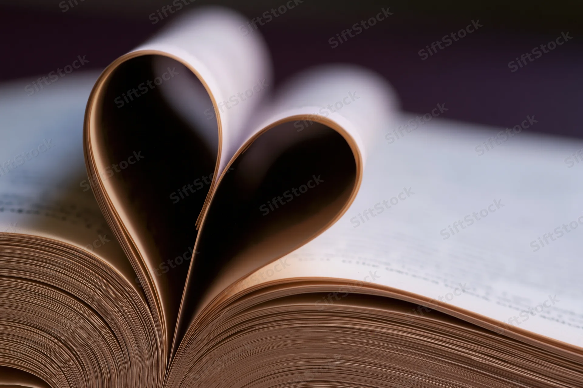 Open book with pages folded into heart shape on flat surface