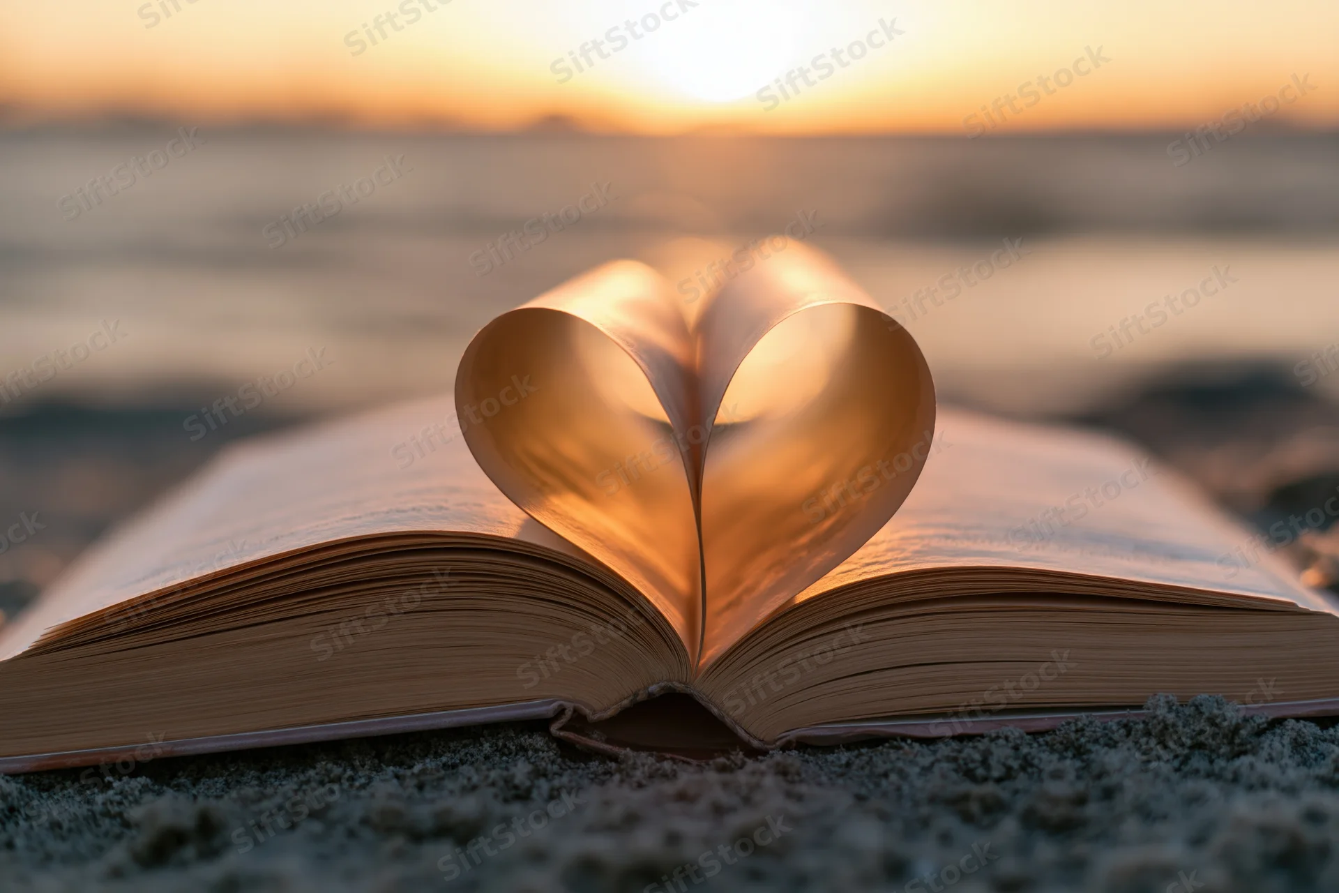 Open book with pages shaped into a heart resting on sand at sunset on a beach