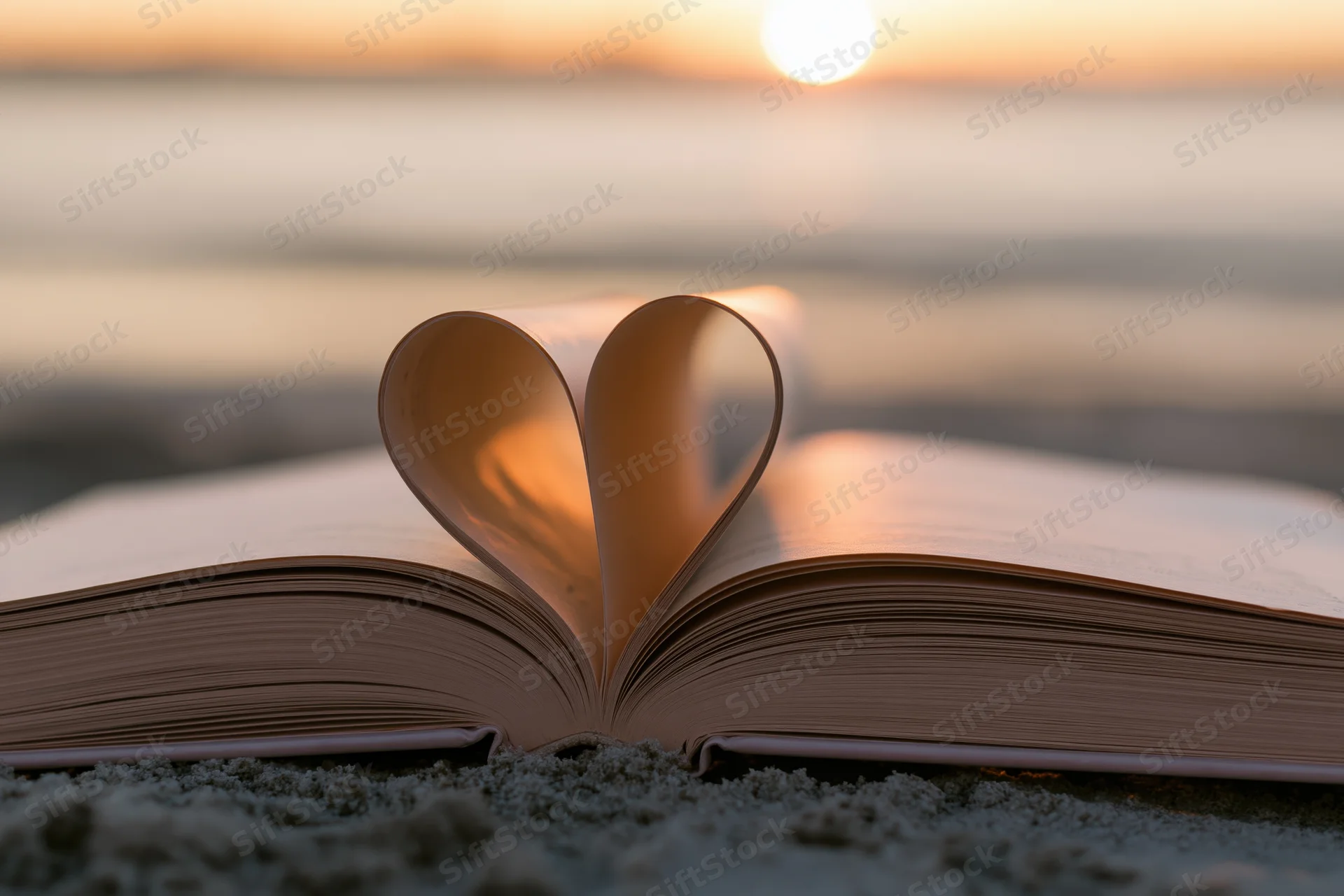 Open book with pages shaped into a heart resting on sand at sunset on a beach