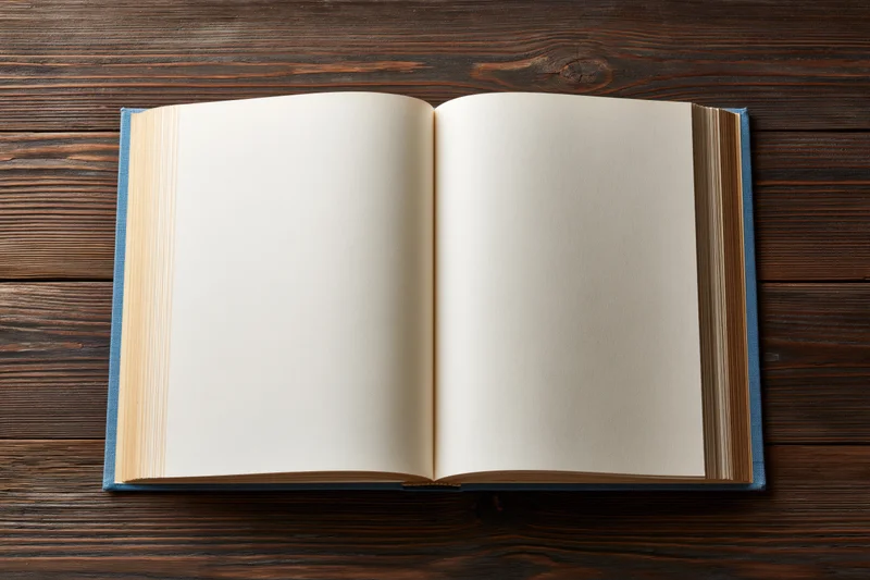 Open hardcover book with blank cream pages lying flat on dark wooden table