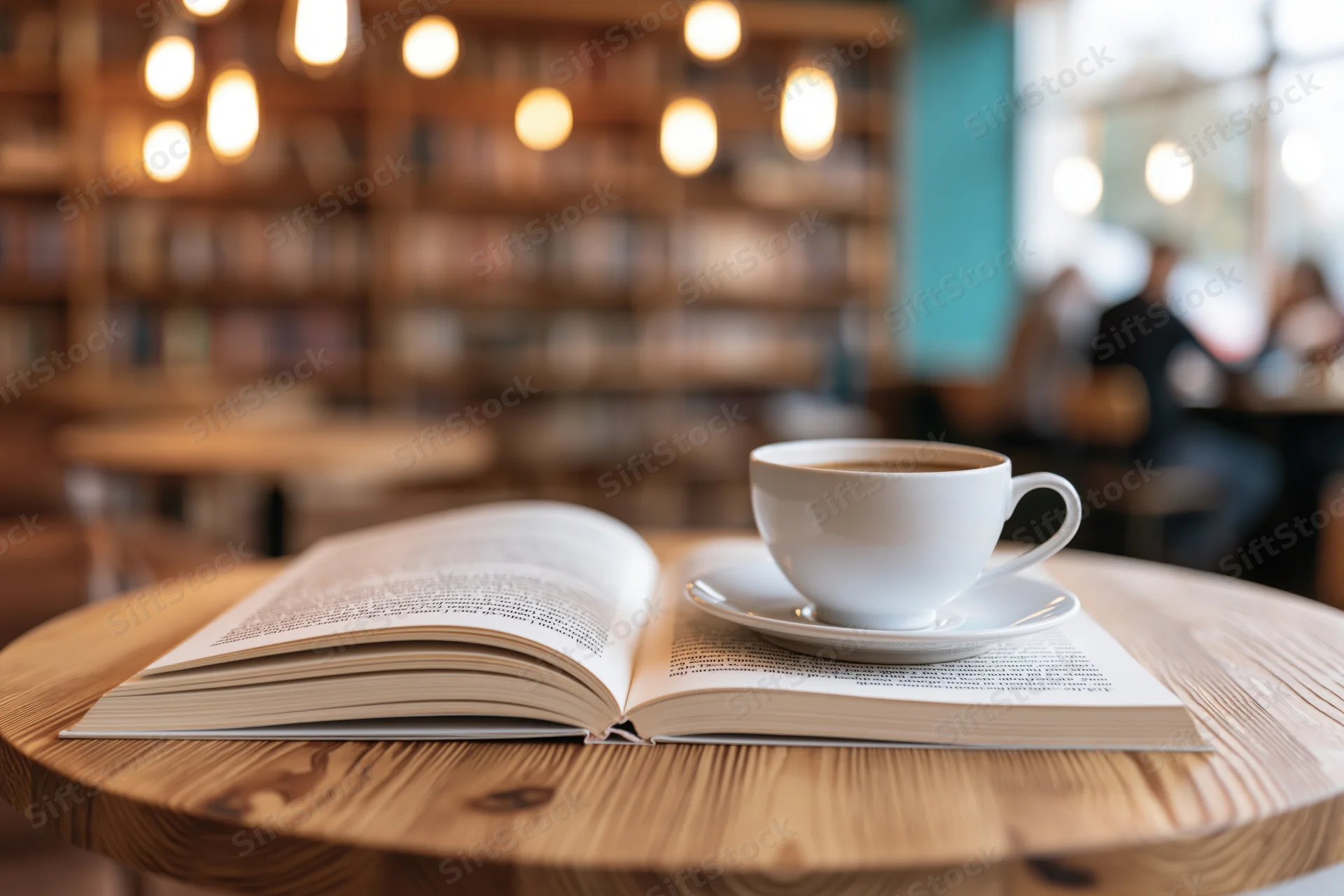 Open book with coffee cup on wooden table in cafe interior