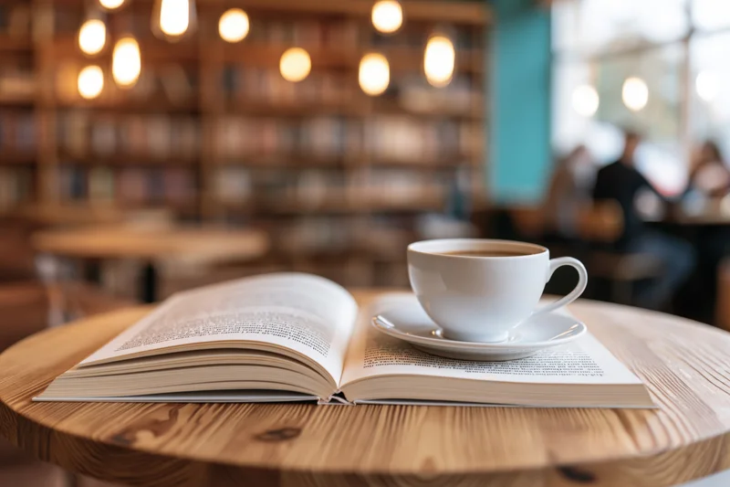 Open book with coffee cup on wooden table in cafe interior