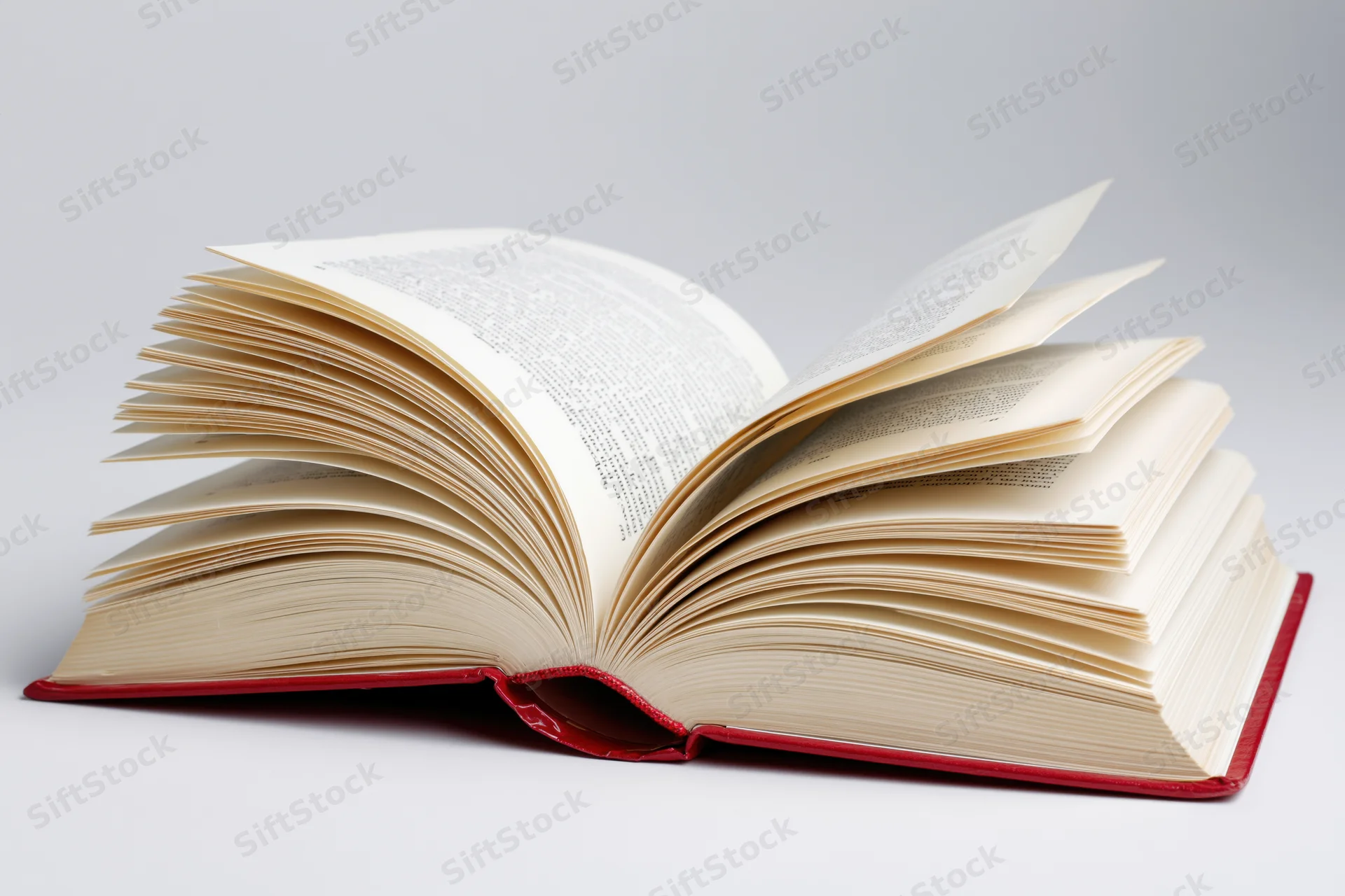 Open hardcover book with red binding lying flat and pages fanned on white surface