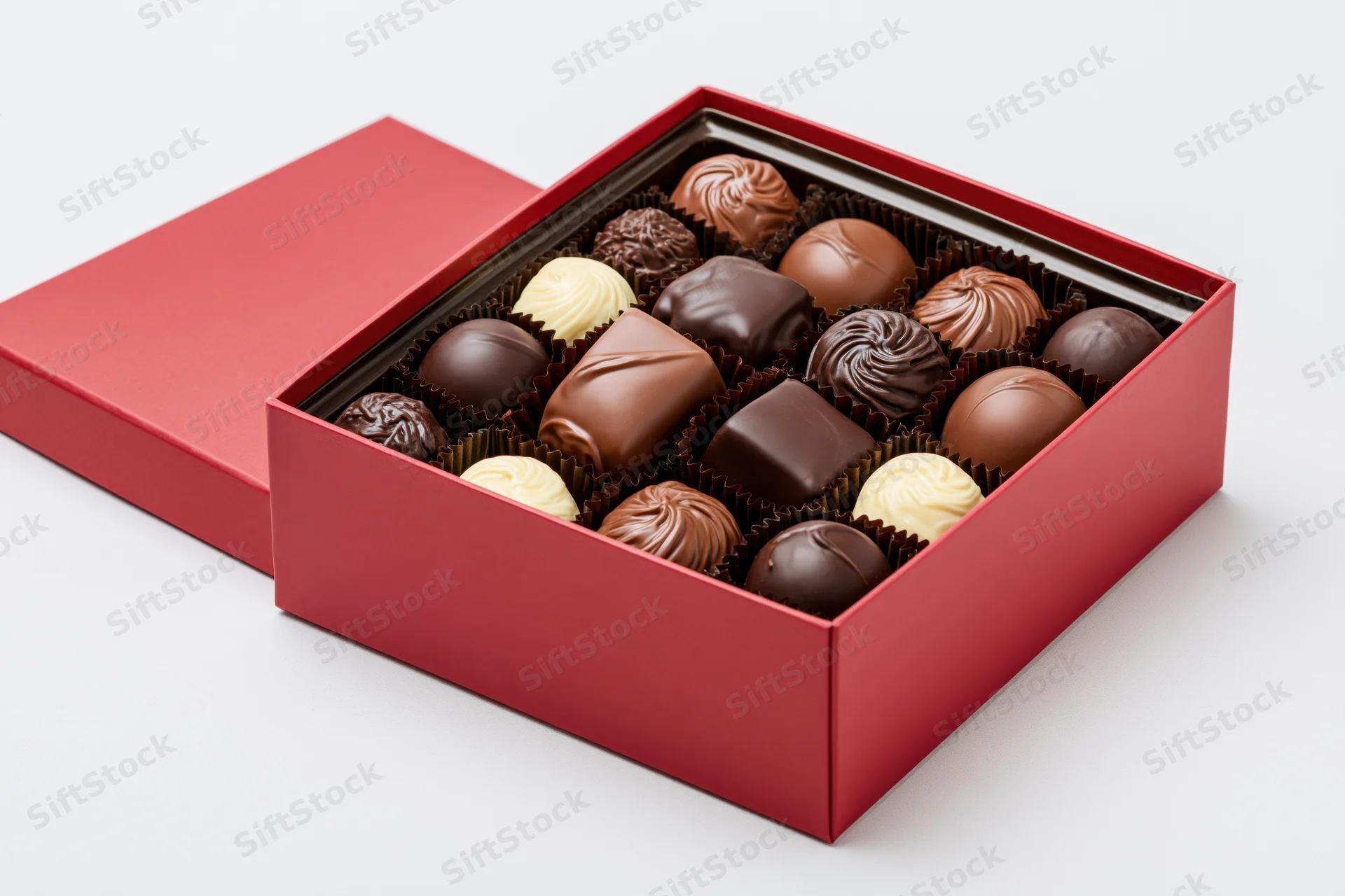 Open red gift box filled with assorted chocolates and truffles on white background