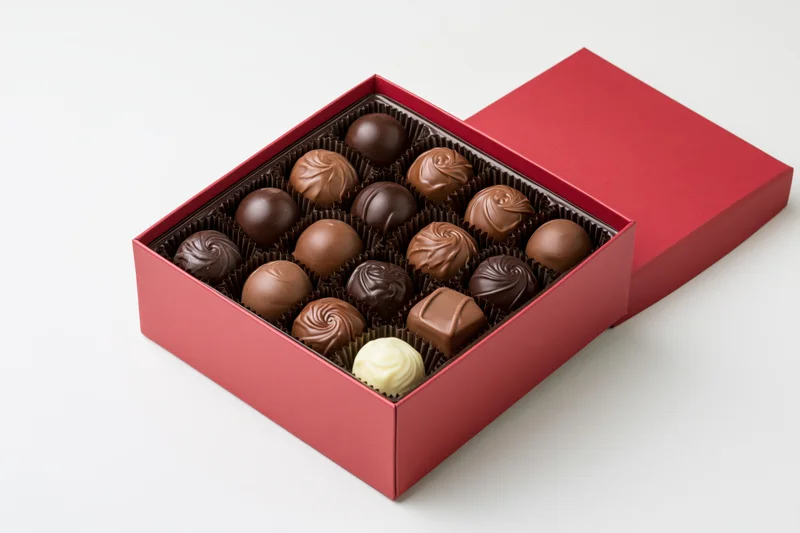 Open red gift box filled with assorted chocolates and truffles on white background