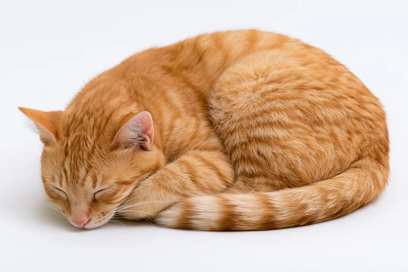 Orange tabby cat curled up sleeping with head resting on front paws on white background