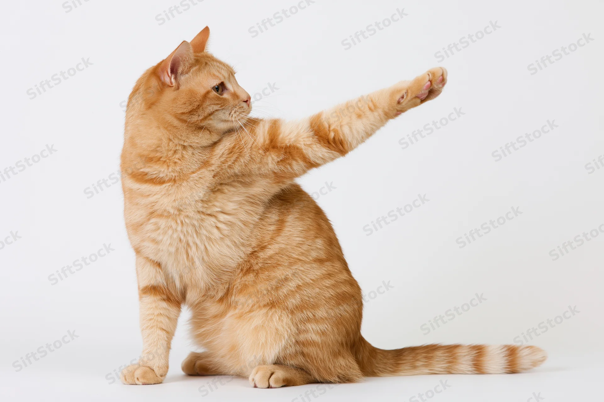 Orange tabby cat sitting upright with one front paw extended in a reaching gesture against a white background