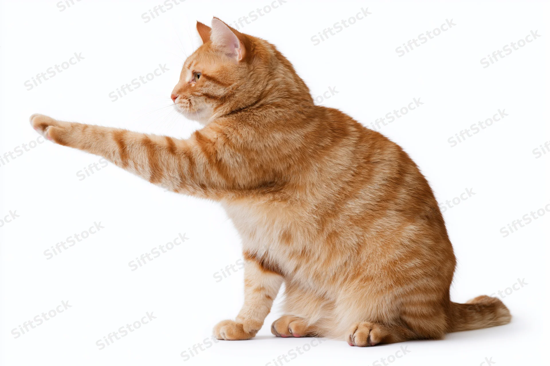 Orange tabby cat sitting upright and extending one front paw forward on white background