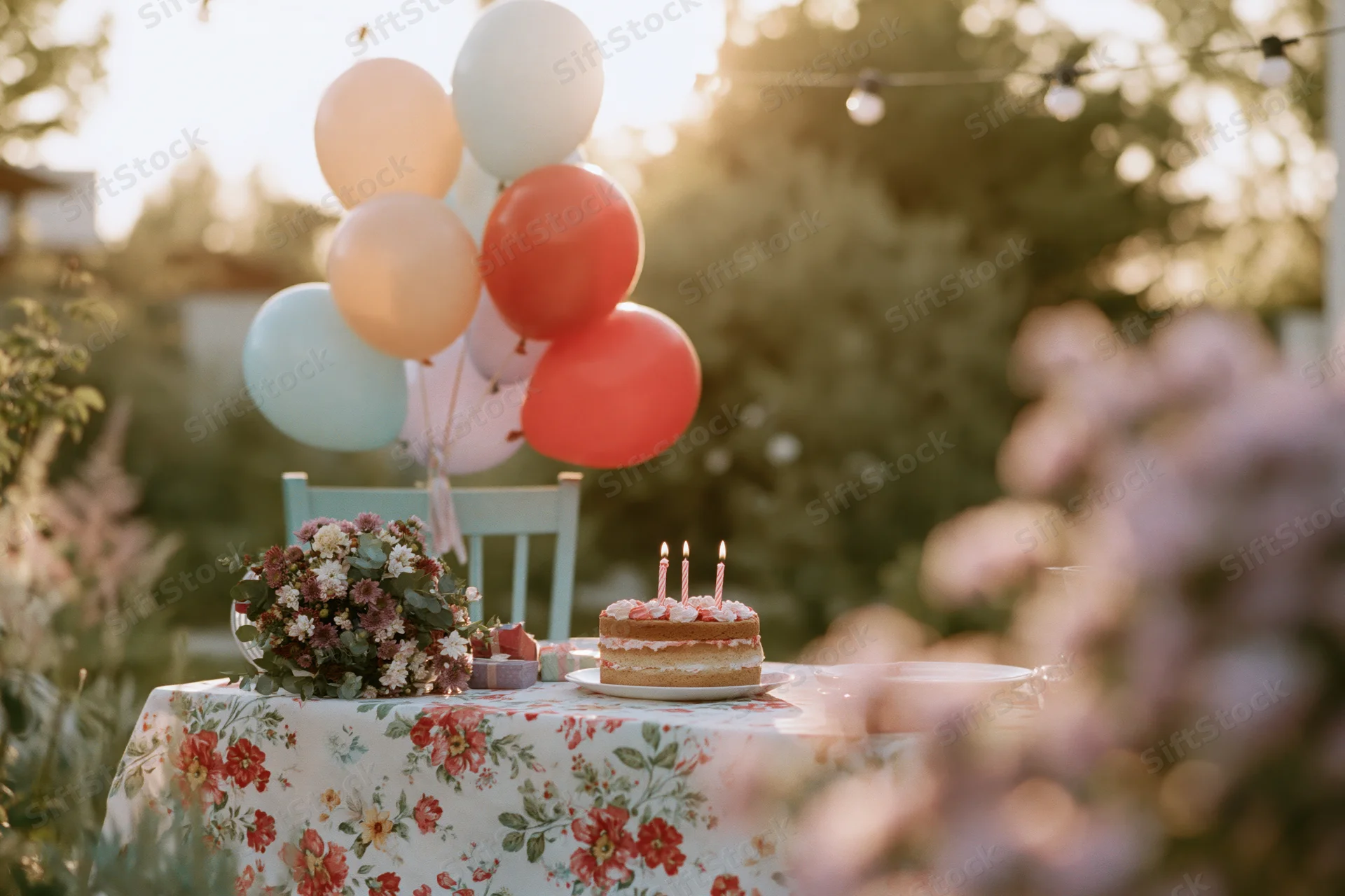 Birthday cake with candles on a floral tablecloth in a garden party setting