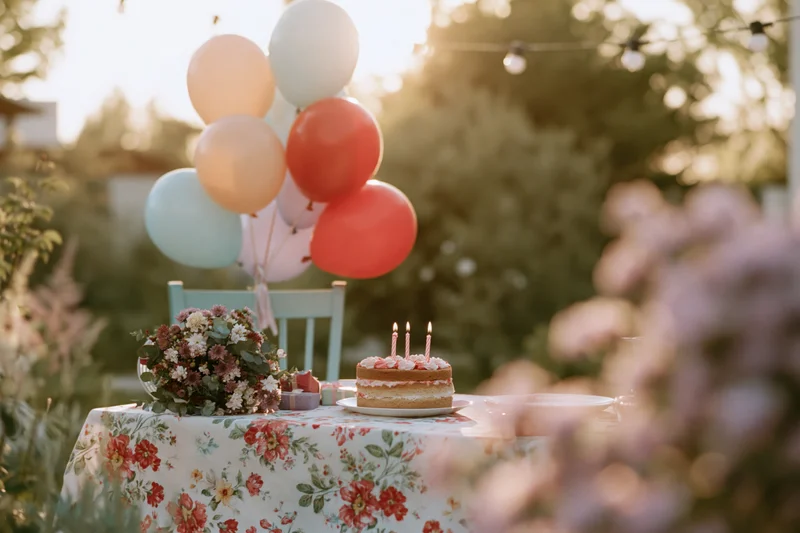 Birthday cake with candles on a floral tablecloth in a garden party setting