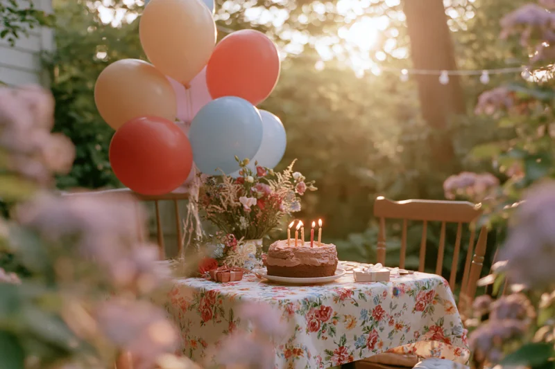 Birthday cake with lit candles on a floral tablecloth in a garden backyard surrounded by balloons and flowers
