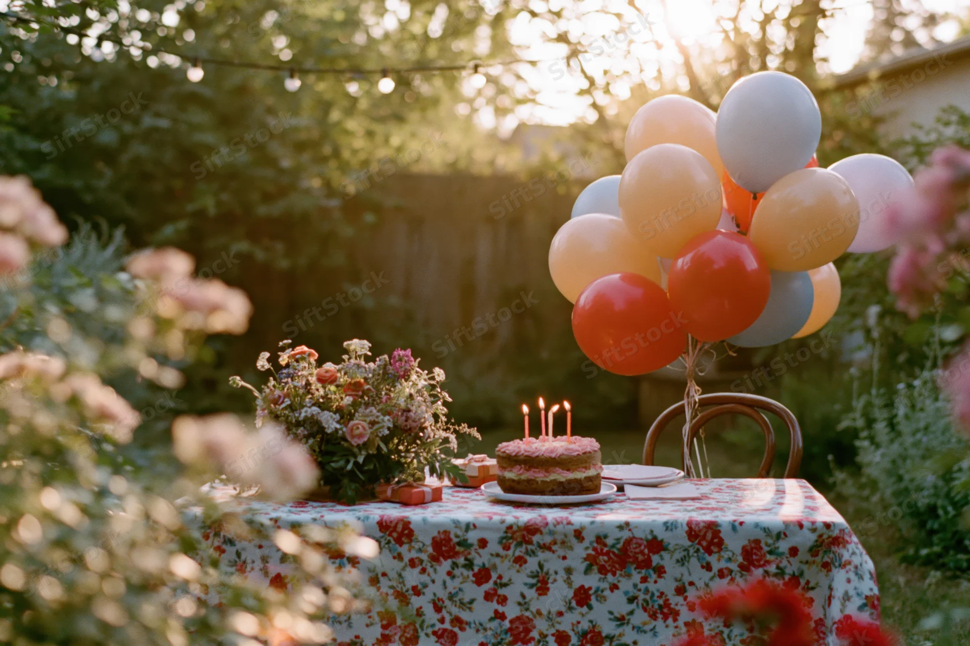 Birthday cake with lit candles on a floral tablecloth in a garden backyard surrounded by balloons and flowers at sunset