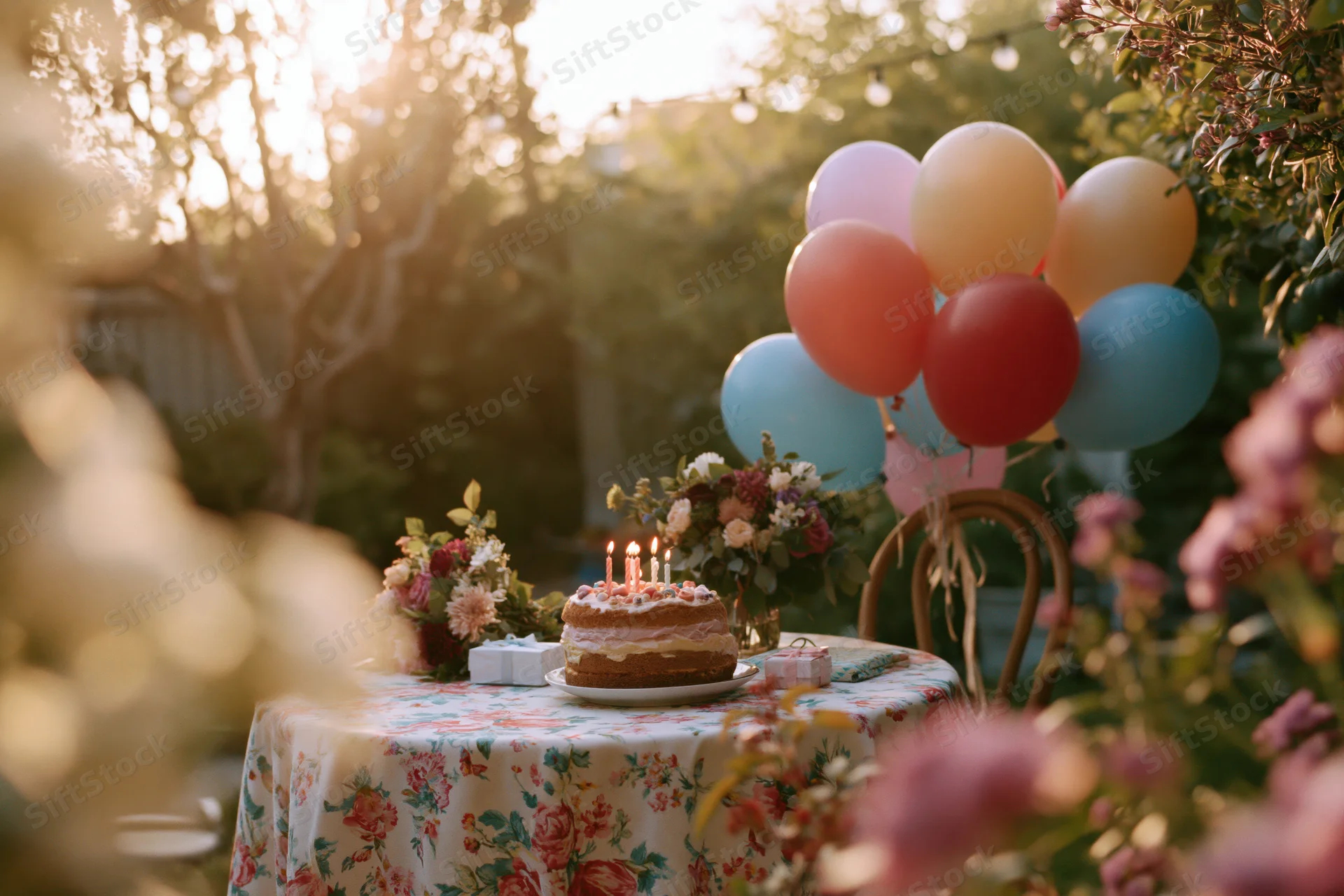 Birthday cake with lit candles on a floral tablecloth in a garden backyard surrounded by balloons and flowers at golden hour
