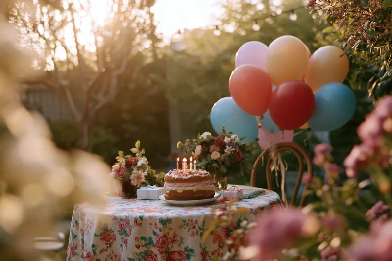 Birthday cake with lit candles on a floral tablecloth in a garden backyard surrounded by balloons and flowers at golden hour