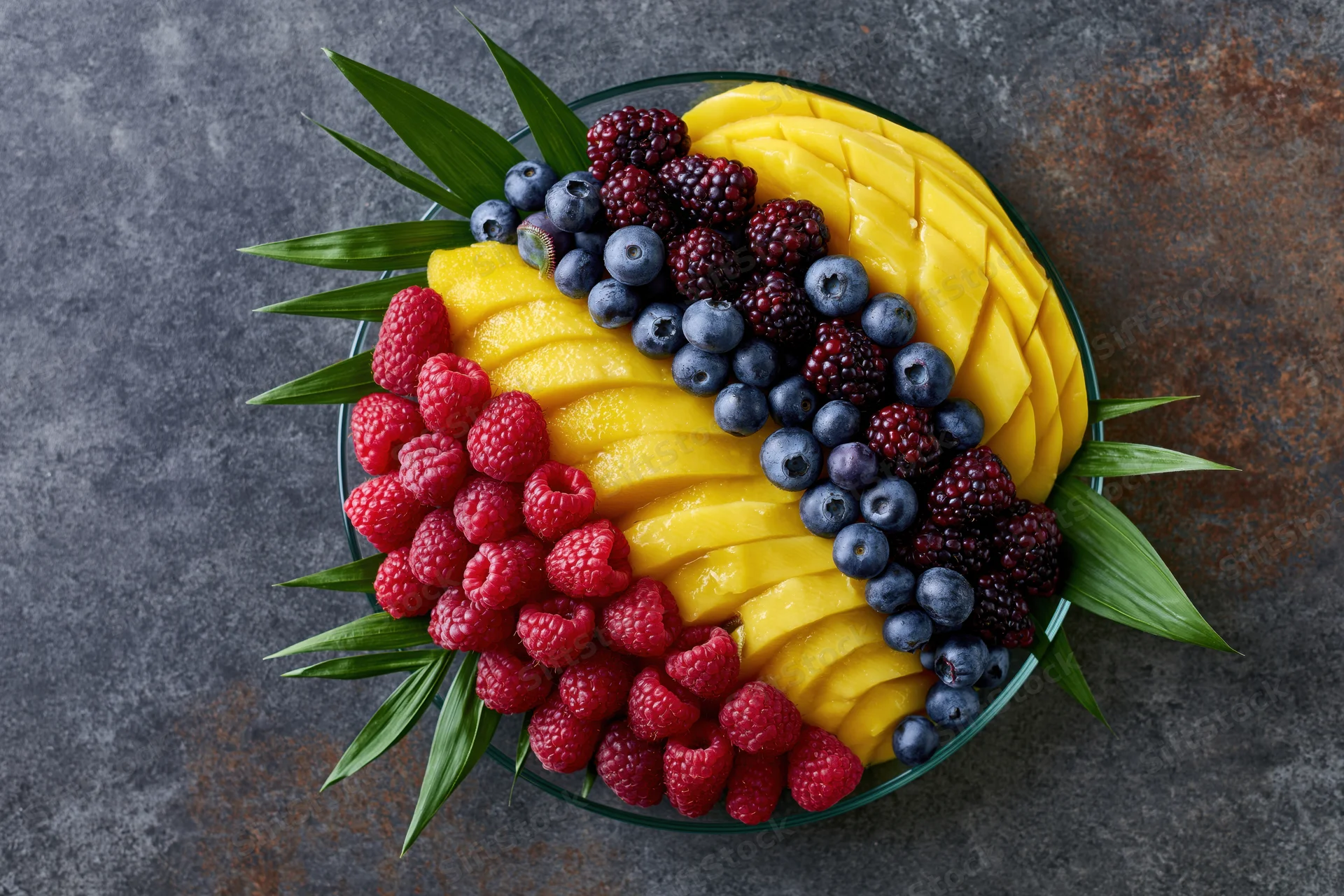 Overhead flat-lay of a glass plate with sliced mango and berries arranged in a colorful pattern on a dark stone surface