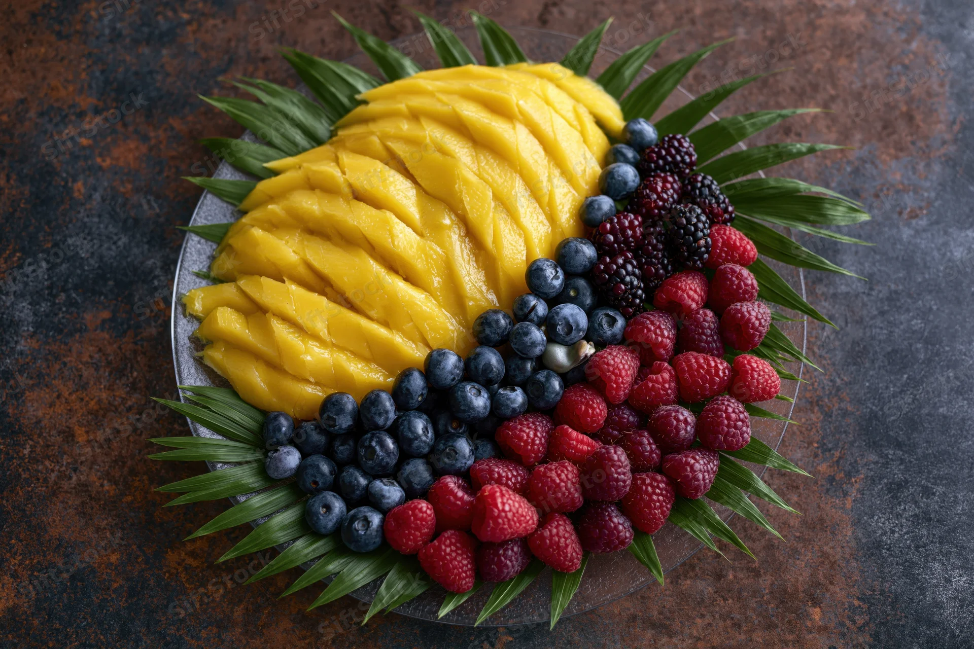 Sliced mango and mixed berries arranged on a glass plate with green leaves on a dark textured surface