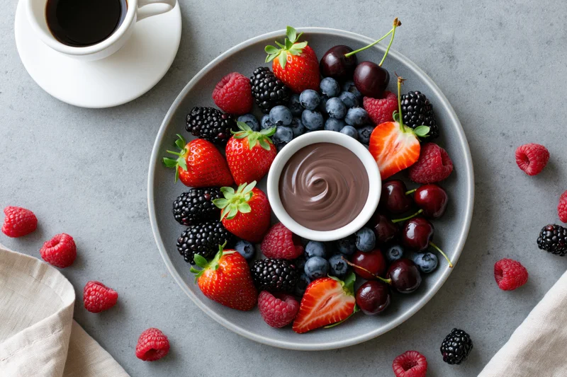 Overhead flat-lay of a gray ceramic plate with mixed berries and chocolate dip, surrounded by scattered fruit and coffee cup on a gray surface