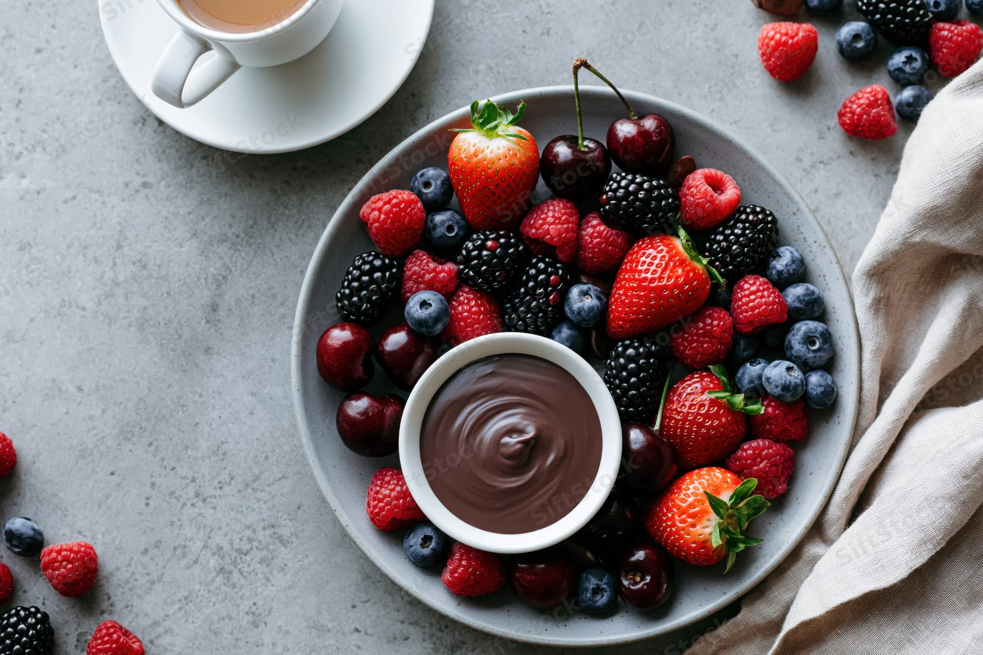 Overhead view of a gray ceramic plate filled with mixed berries and a small bowl of chocolate sauce on a stone surface