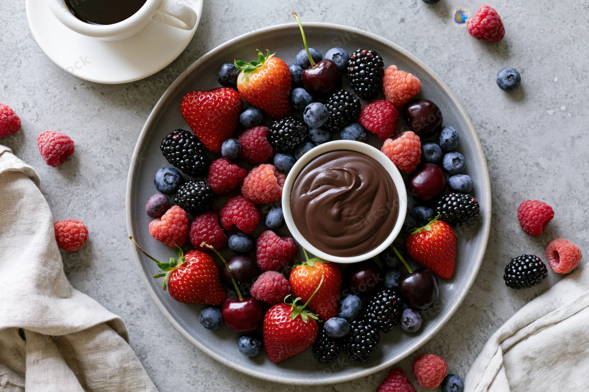 Overhead view of a gray plate filled with mixed berries and a small bowl of chocolate spread, surrounded by scattered fruit and a cup of coffee on a light surface
