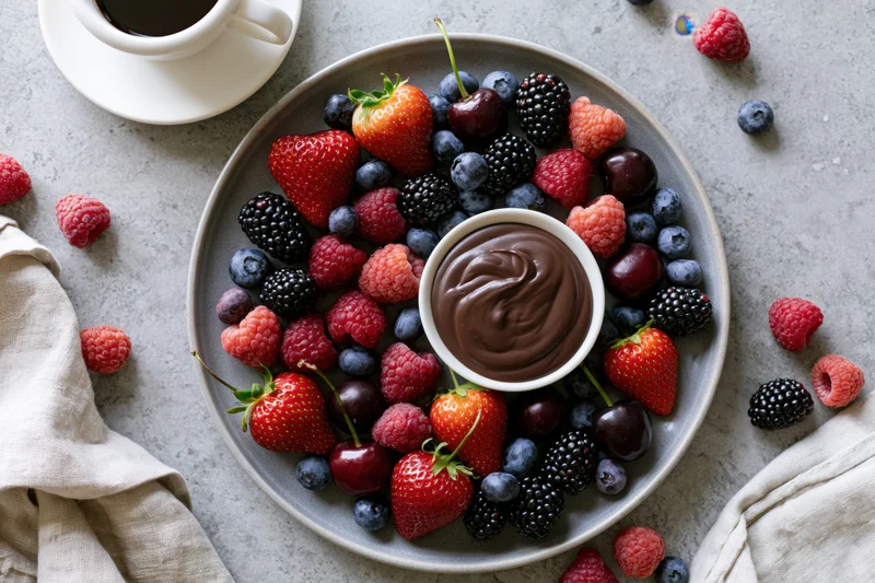 Overhead view of a gray plate filled with mixed berries and a small bowl of chocolate spread, surrounded by scattered fruit and a cup of coffee on a light surface