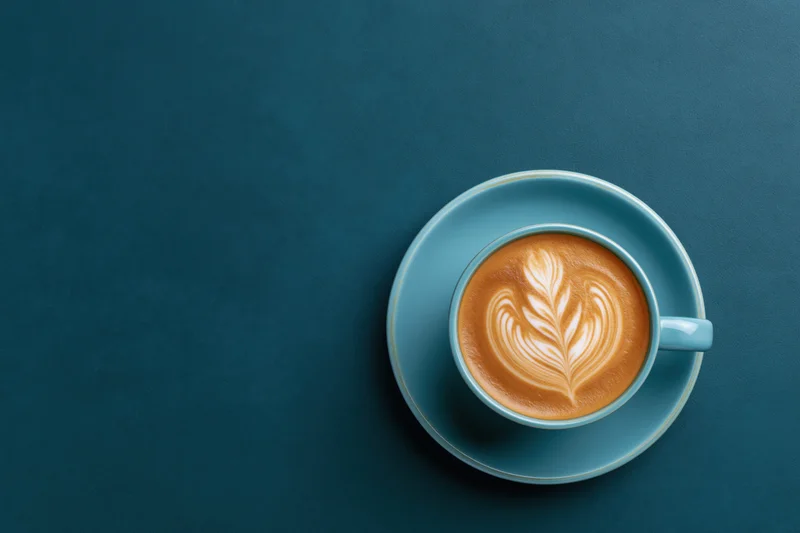 Overhead view of a blue ceramic coffee cup with latte art on a dark blue surface