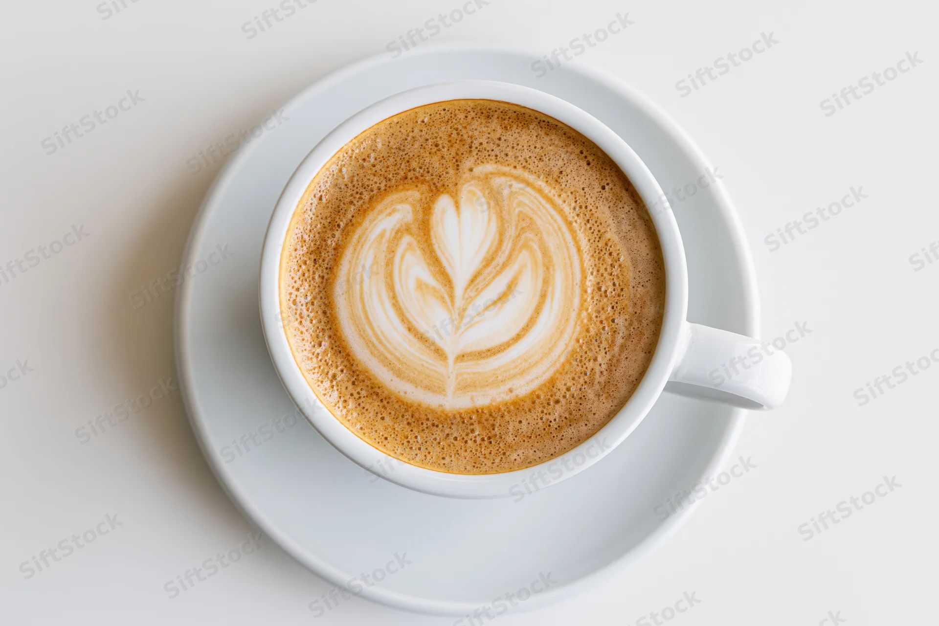 Overhead view of a white ceramic cappuccino cup with heart-shaped latte art on a saucer against a white background