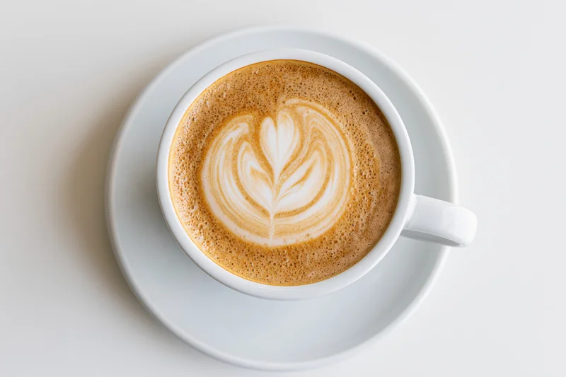 Overhead view of a white ceramic cappuccino cup with heart-shaped latte art on a saucer against a white background