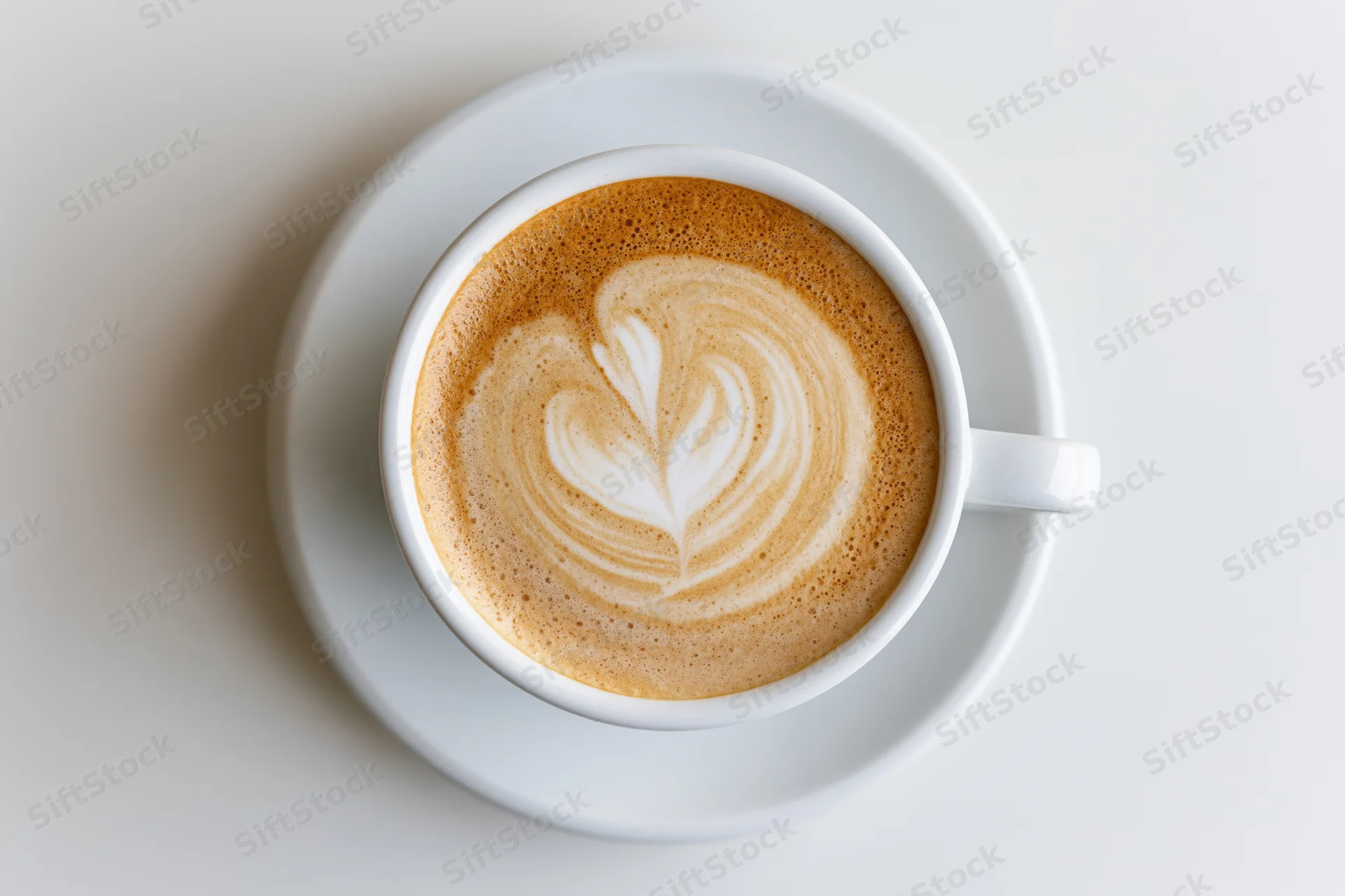 Overhead view of a white ceramic cappuccino cup with heart-shaped latte art on a saucer