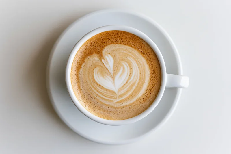 Overhead flat-lay of a white cappuccino cup on a matching saucer