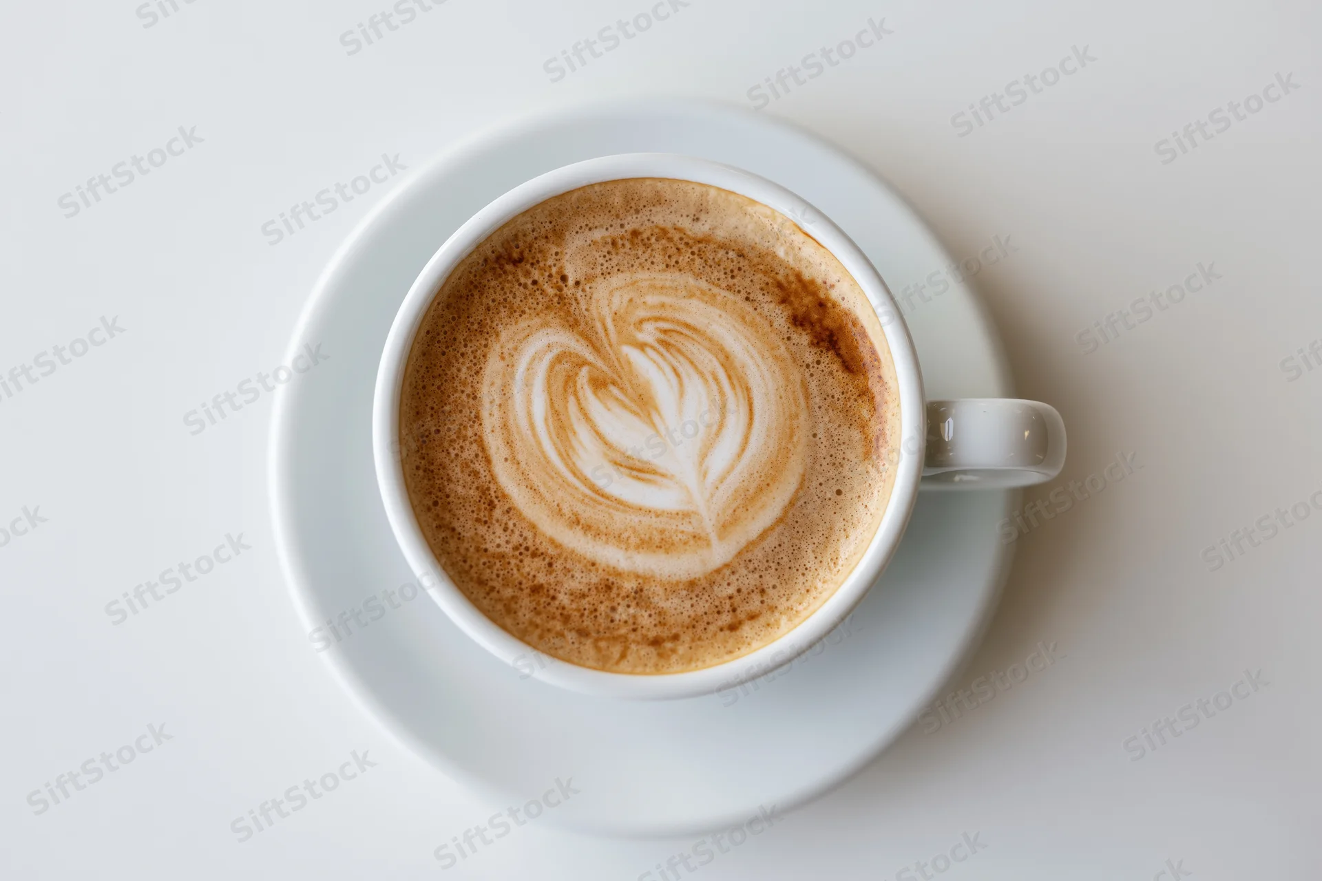 Overhead view of a white ceramic cappuccino cup with heart-shaped latte art on a saucer against a white background