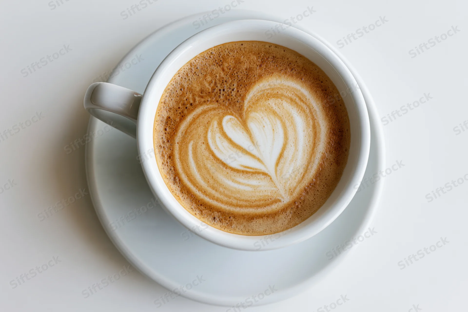 Overhead view of a white ceramic cappuccino cup with heart-shaped latte art on a saucer against a plain white background